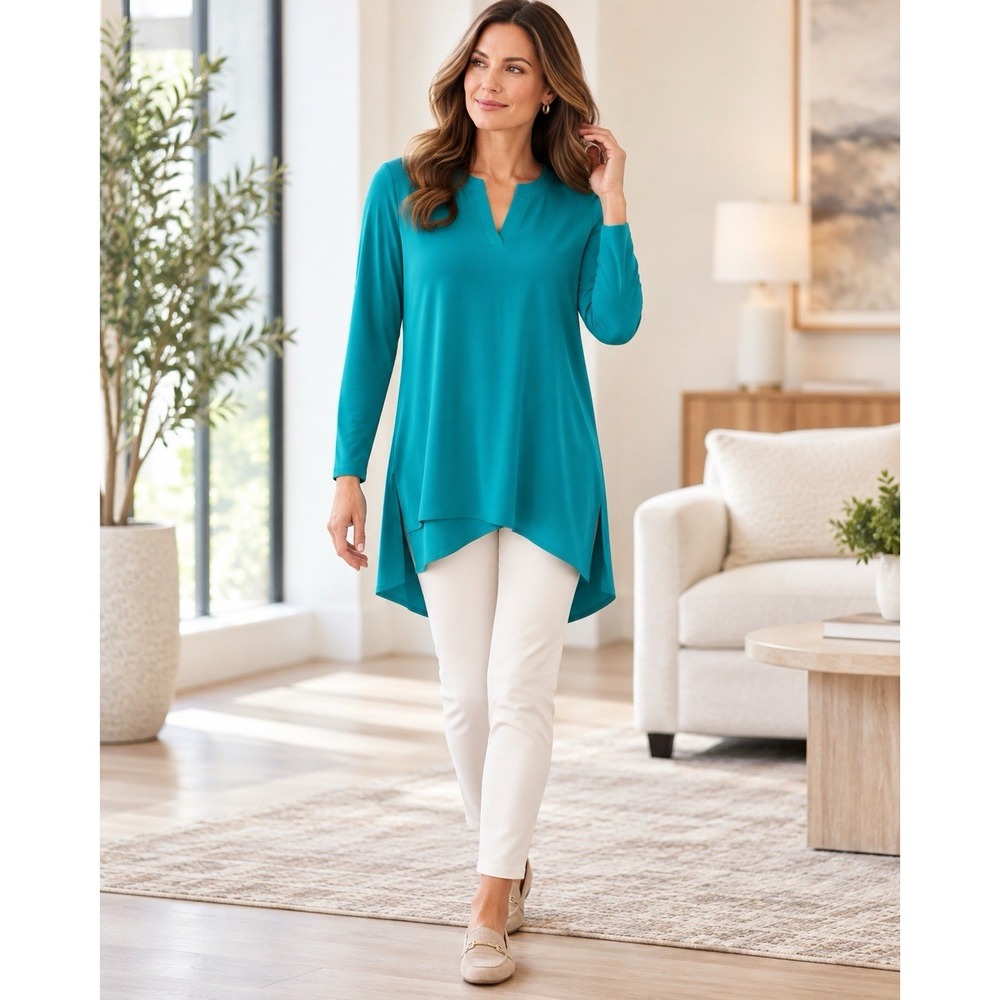 Susan Graver Womens S Teal Tunic Top Long Sleeve Split Neck High Low Hem